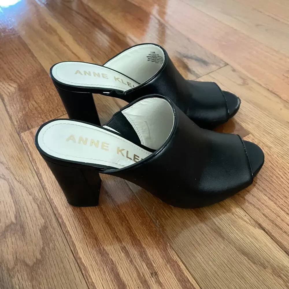 Anne Klein Tillie Block Heel Mules Womens 7.5 Medium Black Peep Toe Sandals